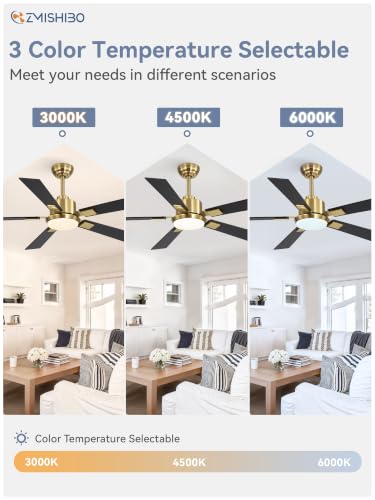 Image of ZMISHIBO 52 inch Black and Gold Ceiling Fans with Lights and Remote, Indoor /Outdoor Modern Ceiling Fan for Bedroom Living Room Patio, 6 Speed Reversible Quiet DC Motor, 3 CCT, Dual Finish Blades