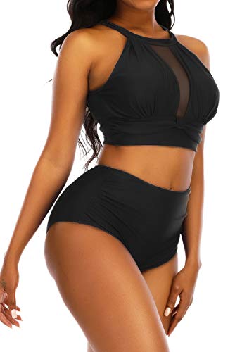 Adisputent Womens High Waisted Bikini Mesh Halter Top Sexy Plunge Backless High Neck Swimwear Two Piece Bathing Suits - Image 3