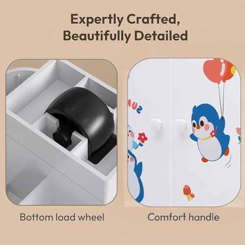 Image of Little Olive Penguin Kids Wardrobe | Multi Drawer Plastic Storage Cabinet | Collapsible Cartoon Print Organizer for Children Room (65 X 38 X 130 Cm) Light Blue