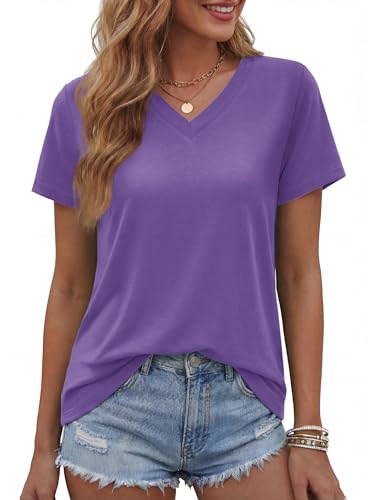 TACVASEN Tee Shirt Femme Coton Col V Chemisier Femme Manche Courte Basic T-Shirt Sport Col V Chic Tops Été Sportswear Violet Clair, M