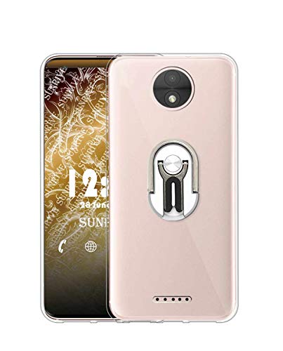 Sunrive Funda para Motorola Moto C Plus 2017, Soporte Teléfono Coche Silicona Transparente Gel Carcasa Case Bumper Anti-Arañazos Espalda Cover Anillo Kickstand 360 Grados Giratorio(Plateado)