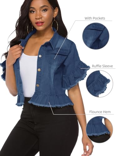 Image of Suvimuga Women's Denim Jacket Button Down Distressed Ruffle Sleeve Crop Jean Jackets Coat