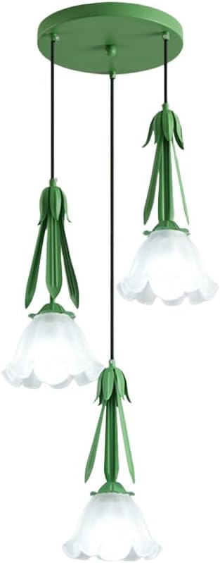 3-Light Glass Lights for Kitchen Island Dining Room, French Country Metal Chaner with Flower Shade, E27 Socket Adjustable Height Hanging Light Fixture (White B)/Green/a
