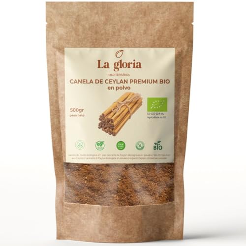 Canela de Ceylán Premium en Polvo Ecológica 100% Natural – Ceylon Cinnamon Bio – 500g – Sabor Dulce y Aromático – La Gloria Mediterránea