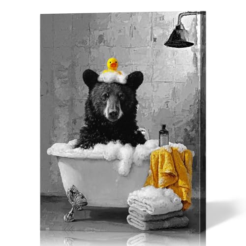 Funny Bathroom Wall Decor Black and White Bear in Bathtub Painting