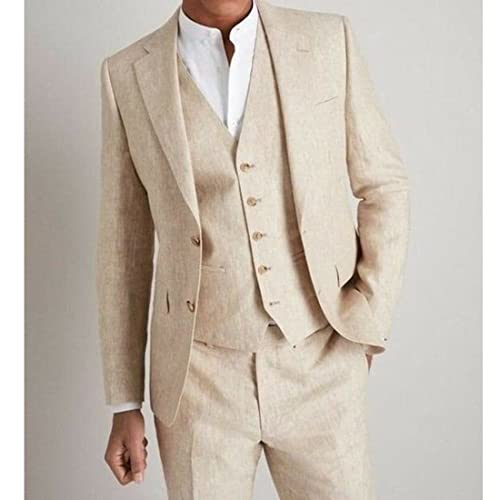 Mens Beige Linen Notch Lapel Blazer Pants Vest Casual Groom Prom Tuxedo Wedding 3 Pieces Summer Suit3