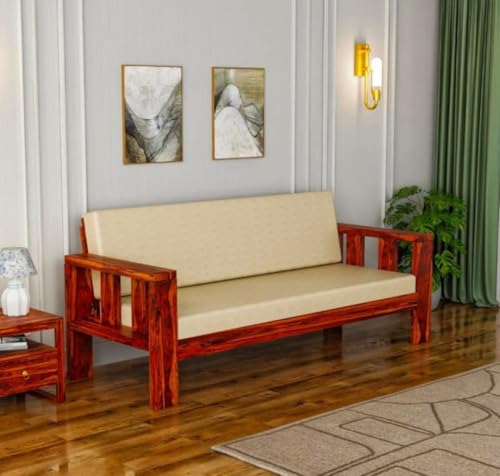 Image of Solid Sheesham Wood 3 Seater Sofa for Living Room with Cushion | Honey Finish | Wooden Couch for Home & Office Furniture | Length 70″ x Width 28″ x Height 32″
