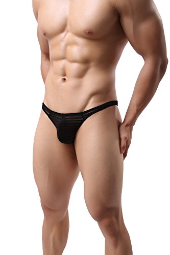 Onefit Men's Fashion Striped Tight Thong G-String Sexy Low Waist Underwear Black #TOP5