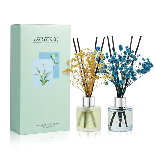 Diufjag Diffusore Profumo Ambiente - Freesia/Gelsomino,Profumatore Per Ambienti Con 16 Bastoncini Fiori Secchi Per Bagno,Appartamento 2 X 50Ml
