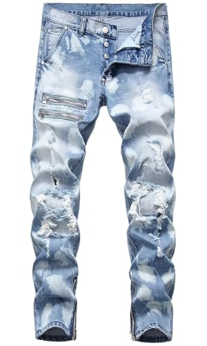 Image of HENGAO Mens Ripped Jeans Stretch Skinny Jeans with Zipper Size 28-48