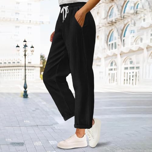 Corduroy Pants Women Baggy Casual High Waisted Straight Leg Trousers Fall Fashion Warm Drawstring Fuzzy Warm Pants2