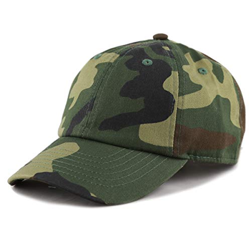 The Hat Depot Kids Washed Low Profile Cotton and Denim Plain Baseball Cap Hat (Woodland Camo)