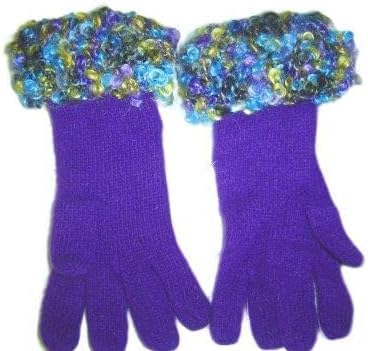 G117rl, Hand Trimmed Purple Angora Gloves with Multicolor Mohair Cuff