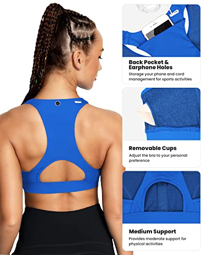 Image of QUEENIEKE BareFlow Women's Sports Bras with Phone Pocket Medium Impact Padded Racerback Workout Gym Crop Top Running Yoga Bra
