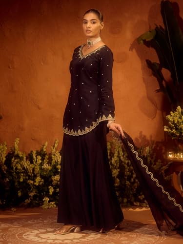 Image of FIORRA Women's Black Viscose Chanderi Embroidered Ethnic A-line Kurta Set with Dupatta