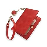 [Pretimo] パスケース 定期入れ リール付き 中がみえない 二つ折り レザー 手触りがいい 起毛素材 レッド