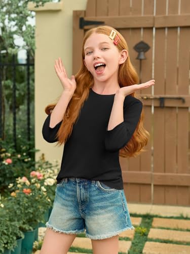 Haloumoning Girls Casual 3/4 Sleeve T Shirts Kids Crewneck Tops Fashion Tees 5-14 Years2