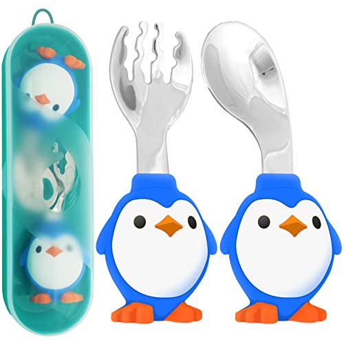 Image of Baby Fork and Spoon Set - Baby Training Utensils - Toddler Utensils - Toddler Silverware - Silicone and Stainless Steel - Kids and Toddler Utensil Set - Penguin (with Carrying Case)