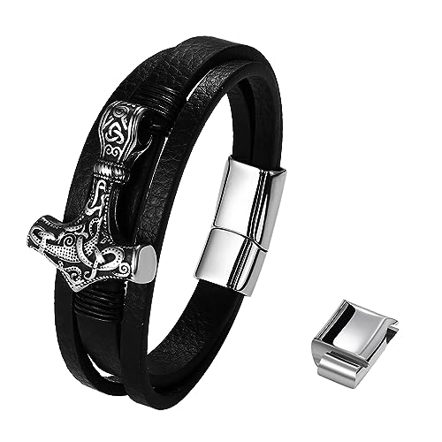 OIDEA Herren Armband Geflochten Leder Wikinger Thors Hammer Amulett mit Verstellbarer Riegelschnalle, Schwarz Lederarmband Retro Viking Stil, Geschenk für Männer Vater Freund Sohn, Typ 2 Thors Hammer