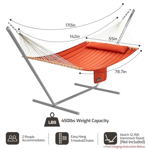 Image of CHULIM Double Quilted Fabric Hammock with Hardwood Spreader Bars and Pillow 450 LBS Capacity 2 Person Large Hammock for Outdoor Patio Backyard Poolside - Terracotta