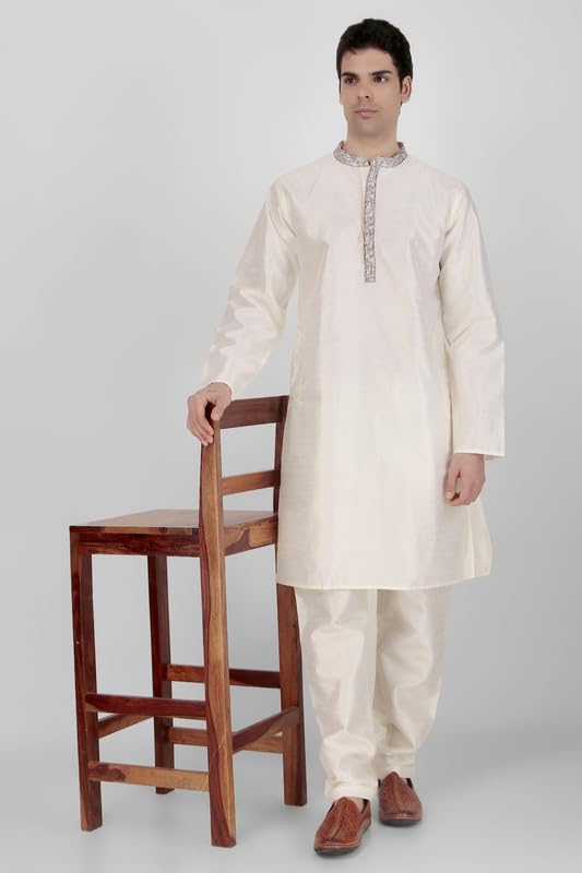 Mens Art Silk Embroidered Kurta Pajama Set For Wedding and Parties - Band Collar4