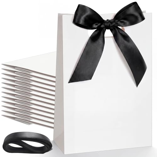 Aliceset 12 Pcs Bridesmaid Gift Bags with Handle Ribbon, White, Black