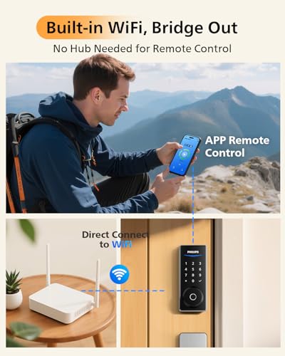 Image of Philips WiFi Smart Lock with Front Door Handle Set, Built-in WiFi, APP Remote & Voice Control, Fingerprint Keyless Entry Door Lock, Keypad Deadbolt Smart Locks for Front Door, Auto-Lock, Satin Nickel