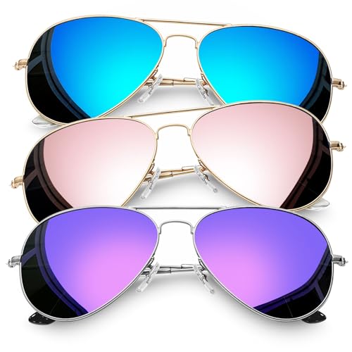 Joopin 3 Pack Classic Oversized Aviation Polarized Sunglasses UV Protection, Blue Teardrop Sun Glasses, Mirror Pink Sunnies, No Tangle Purple Shades Women Men