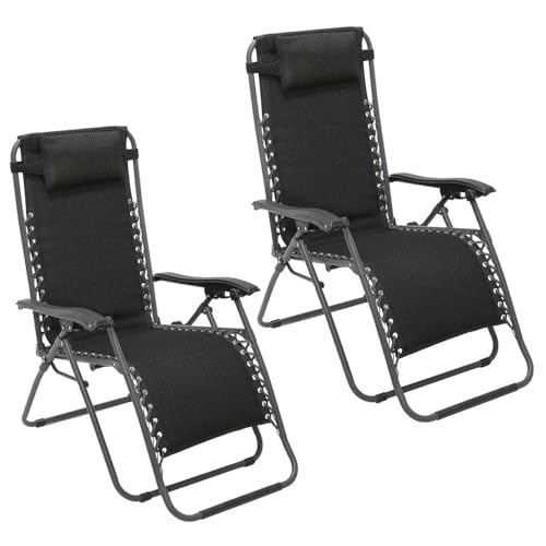 LOLAhome 2 sillas Gravedad Cero Camping jardín y terraza, reclinables, Bloqueo de Seguridad, Estructura Acero y Asiento Lona Oxford poliéster 3D Negras
