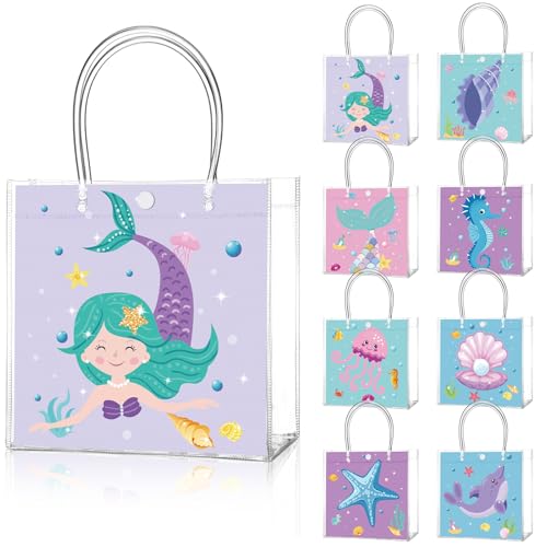 Image of Teenyyou 24 Pcs Mermaid Clear Gift Bags with Handles Under the Sea Party Favor Goodie Candy Treat Tote Gift Bags for Ocean Theme Birthday Party Supplies