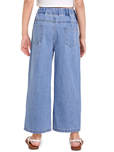 Wdirara Girl's Butterfly Print Elastic Waist Wide Leg Ripped Jeans Denim Pants Blue 140 #TOP3