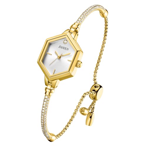 Montre dorée femme diamant JIANDUN chic boîtier hexagone étanche et acier inoxydable luxe