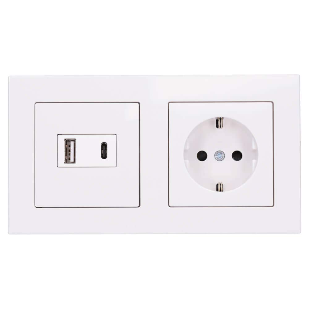 Jung USB-Ladegerät USB15CAWW Komplett-Set mit 2 USB-Buchsen Ports: 1× USB Typ A, 1 ×Typ C (max. 3A) mit Abdeckung A1569USBWW, SCHUKO Steckdose A1520KIWW und 2-fach Rahmen A5582BFWW Alpinweiß Serie A