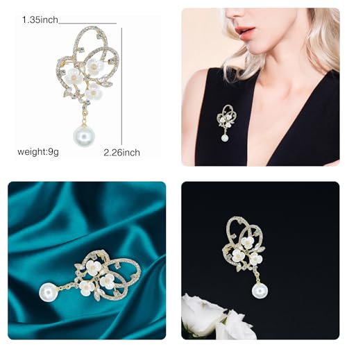 Image of Gold Crystal Shell Flower Brooch Pins for Women Elegant Pearl Rhinestone Floral Brooches Pin Fashion Jewelry for Party Dance Wedding Banquet Brooch for Women Girl Gift