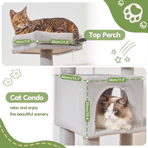 Image of Taoqimiao MS042W Cat Tree,66-inch Large Cat Tower with Scratching Posts, Luxurious Large Platform for Big Cats with Soft Hammock, Adjustable Basket, Deluxe Cat Cando, Top Perch Light Gray