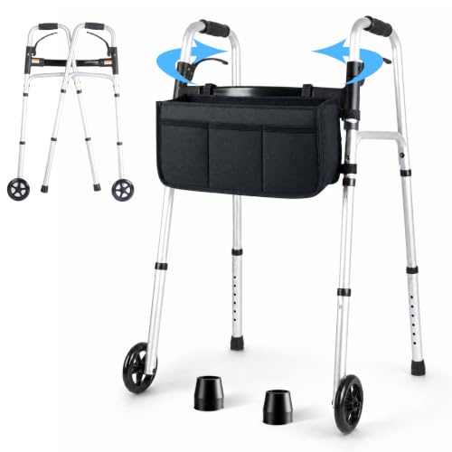 Image of Folding Walkers for Seniors with Basket: Standard Walkers for Seniors Lightweight Portable Walker Adjustable Height Standard Upright Walker for Elderly Disabled Bariatric (Sliver + Black)