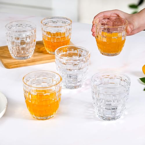 Image of Nestasia Transparent Small Juice Glasses Set of 6 (260 ml Each) - 100% Food Safe & Dishwasher Safe Basket Weave Textured Tumblers - Ideal for Water, Tea, Coffee & Refreshments - Perfect for Gifting