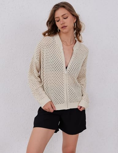 Womens Zip Up Crochet Cardigan Sweater Oversized Long Sleeve Hollow Out Knit Bomber Jacket Fishnet Sweaters4