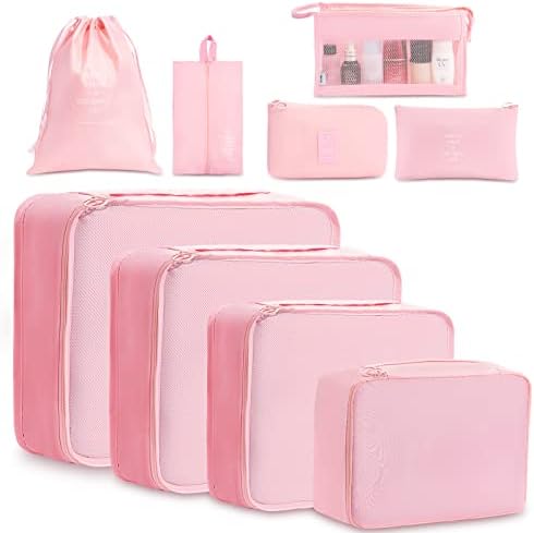 Meowoo 9Pcs Packing Cubes for Suitcases, Waterproof Travel Luggage Organizer Packing Bags Storage Bags Travel Essentials Bag with Cable Organisers Bag (Beige)