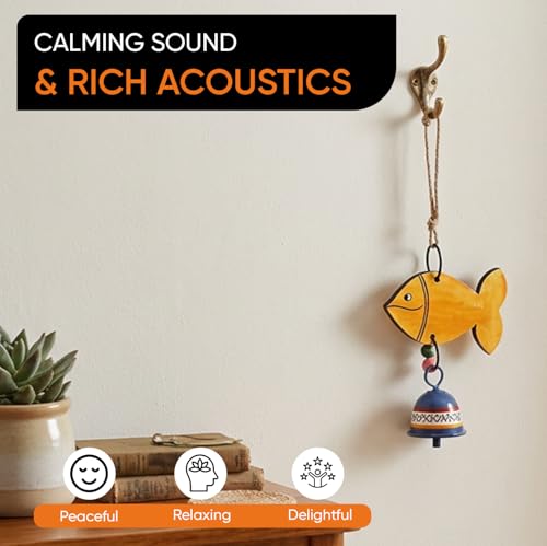 Image of Aakriti Art Creations Handpainted Orange Fish Wind Chime | Handmade Wooden & Metal Wind Chime | Matte Decorative Wind Chimes for Balcony, Garden & Home, Living Room & Gifting