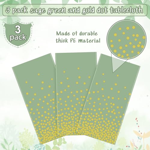 Image of FunnyPars 3 Pack Sage Green and Gold Plastic Tablecloth, Green Disposable Table Cloth for Rectangle Tables, Gold Dot Light Green Tablecloth for Baby Shower Birthday Wedding Party Decorations, 54 inchx108 inch