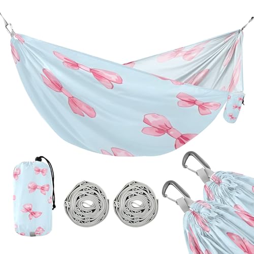 ATTX Small Pink Bows Camping Hammock - Lightweight & Portable Hammocks, Heavy Duty 330lbs Capacity for Indoor, Hiking, Backpacking, Travel, Backyard, Beach#595