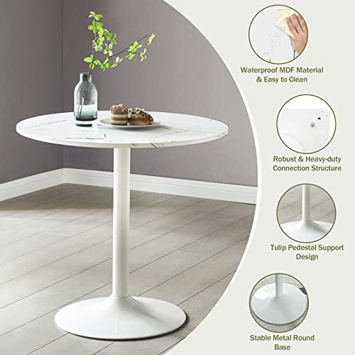 Modern Round Dining Table 31.5" - Round Dining Table With Faux Marble Top And Pedestal Base - Mid-Century Leisure Table White - Modern Round Coffee Table For Kitchen, Dining Room, Living Room #TOP3
