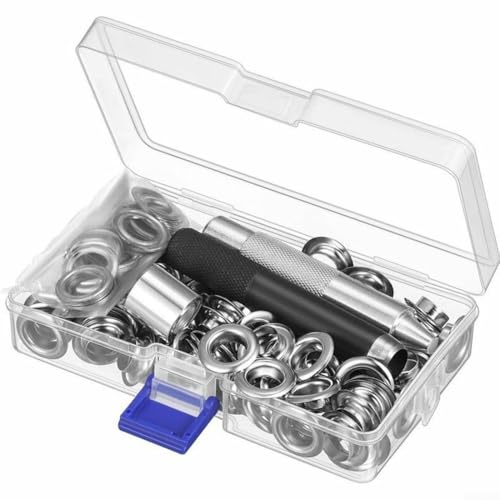 Eawfgtuw Ensemble de pinces à œillets de 10 mm avec boîte de rangement, kit de perforation à œillets pour projets de bricolage, bâches, tissus, rideaux, tentes – Comprend un coupe-trou, un mandrin et
