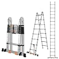 DEZEX Telescoping Ladders 16.5FT A Frame Stainless Steel Folding Extension Ladder, with Anti-Slip Balance Bar & Movable Wheel, Multi Position Collapsible Ladder for Outdoor Indoor, 330lbs Max Capacity