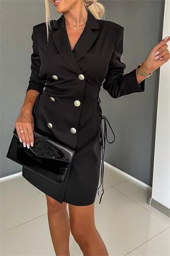 Womens Long Sleeve Lapel V Neck Lace Up Button Bodycon Sexy Nightclub Party Blazer Jackets Dress3