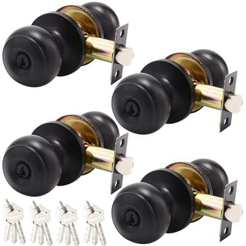 Cerradura de puerta de fácil instalación, pomos de metal para interiores y exteriores con cerraduras para dormitorio, entrada, baño, cerradura de puerta de seguridad, paquete de 4, acabado negro mate