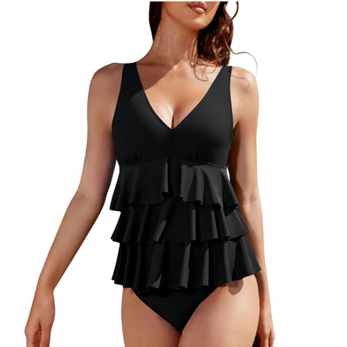 Akklian Womens Two Piece Swimsuit Ruffle Tiered Flowy Tankini Top with Tummy Control Bottom Modest Full Coverage Bathing Suit