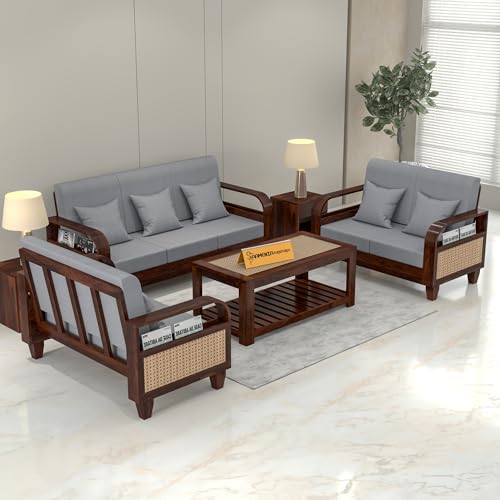 Image of Sheesham Wooden 7 Seater Sofa for Living Room | Solid Wood Sofa with Rattan Cane Side Rack | Rosewood Sofa Set for Home & Office | Lounge (Walnut, 3+2+2 Seater)