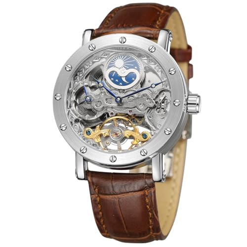 Montre automatique homme FORSINING tourbillon phase de la lune mécanique marron argenté design chic